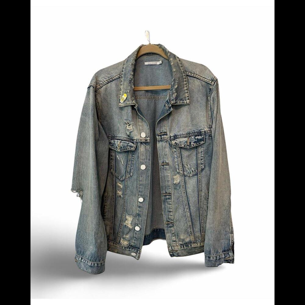 Reason Clothing distressed Denim Trucker Jacket with Pin
